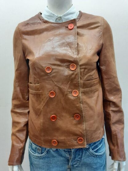 NAF NAF Women's Double Breasted Leather Button Up Jacket (M-E55)