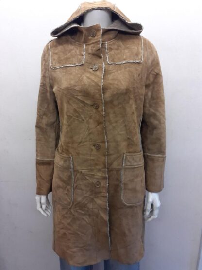 GAP Women's Hooded Long Button Up Leather Jacket (M-J50)